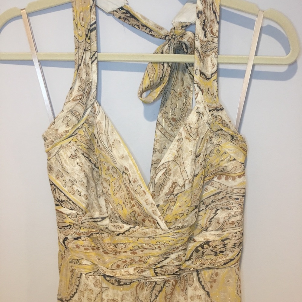 BCBGMAXAZRIA Paisley Halter Silk Dress Gold Size 8 - Picture 3 of 8